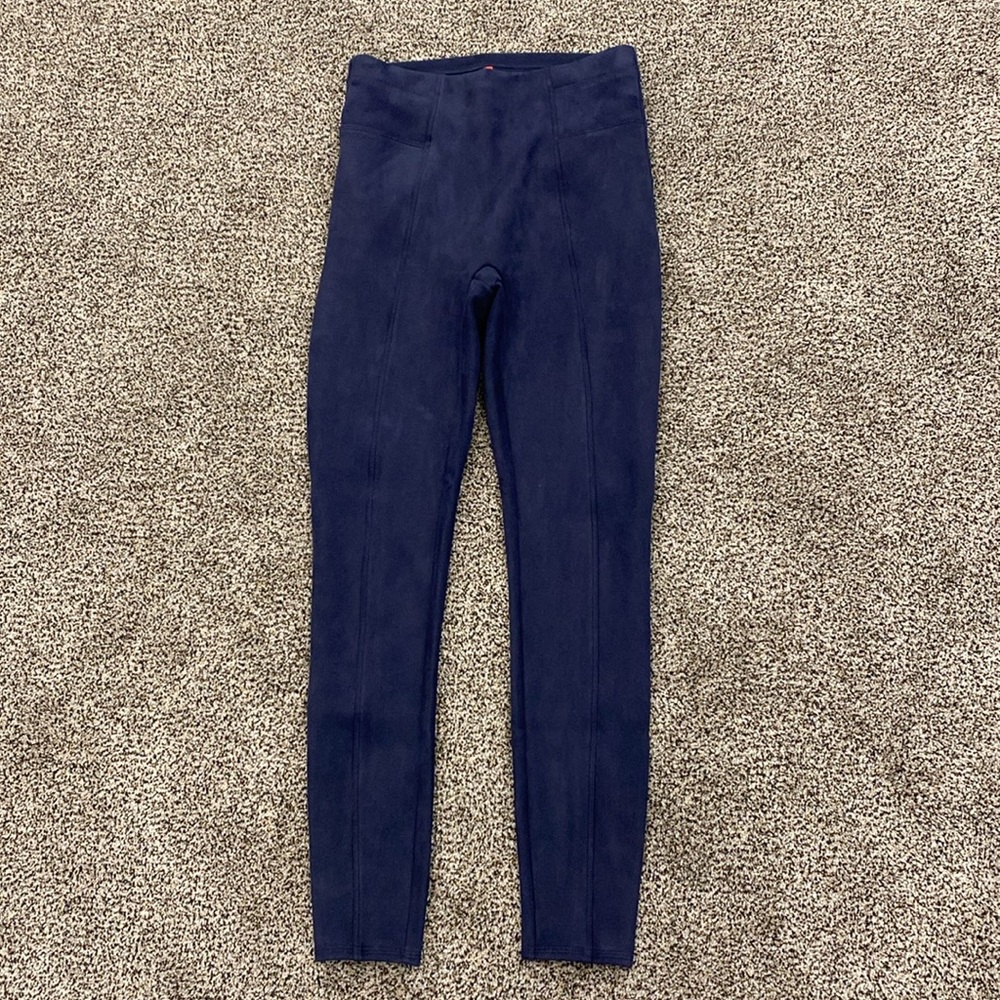 SPANX S Classic Navy Blue Faux Suede Soft Velvety Leggings Slimming Stretch
